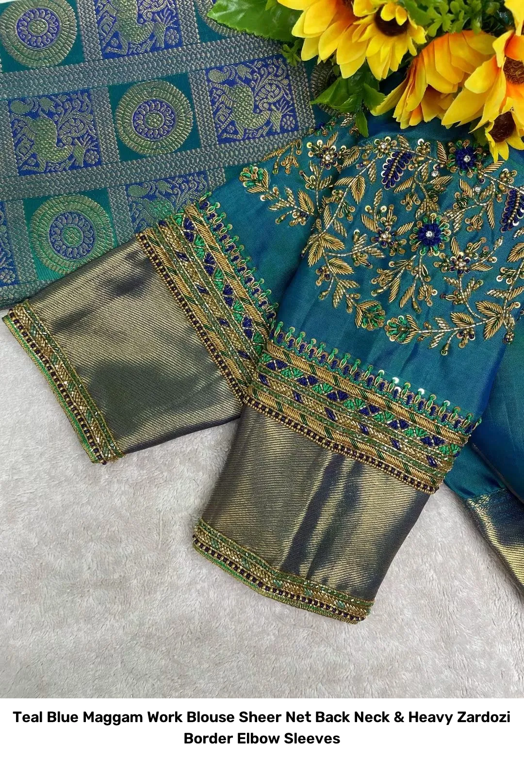 Teal Blue Maggam Work Blouse – Sheer Net Back Neck & Heavy Zardozi Border Elbow Sleeves 2