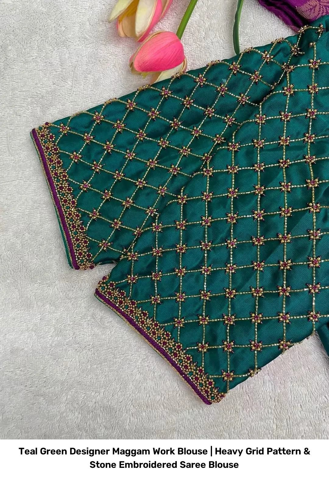 Teal Green Designer Maggam Work Blouse | Heavy Grid Pattern & Stone Embroidered Saree Blouse 2