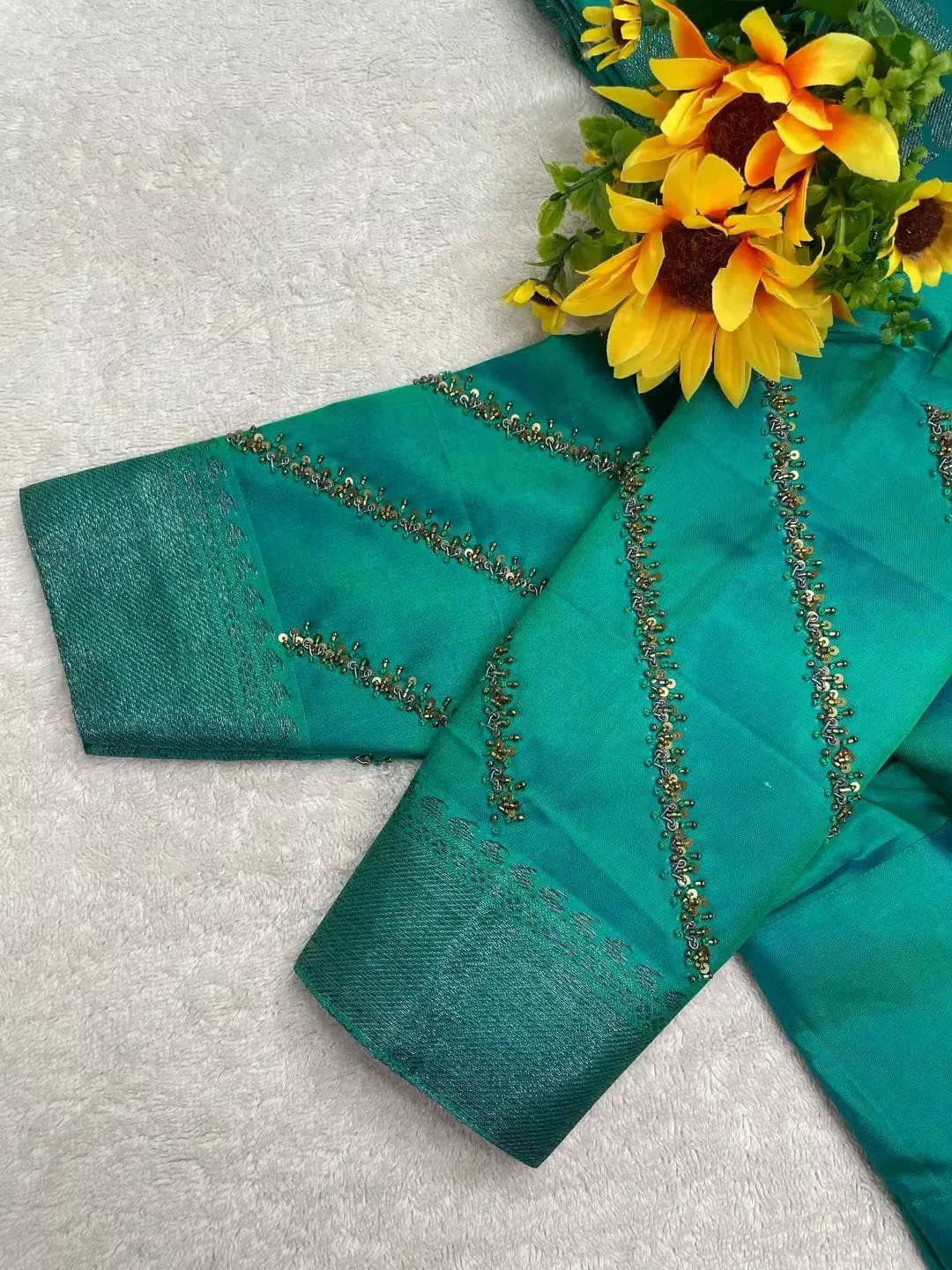 Teal Green Hand Embroidered Designer Blouse with Cut-Work Neck | Readymade Saree Blouses 1