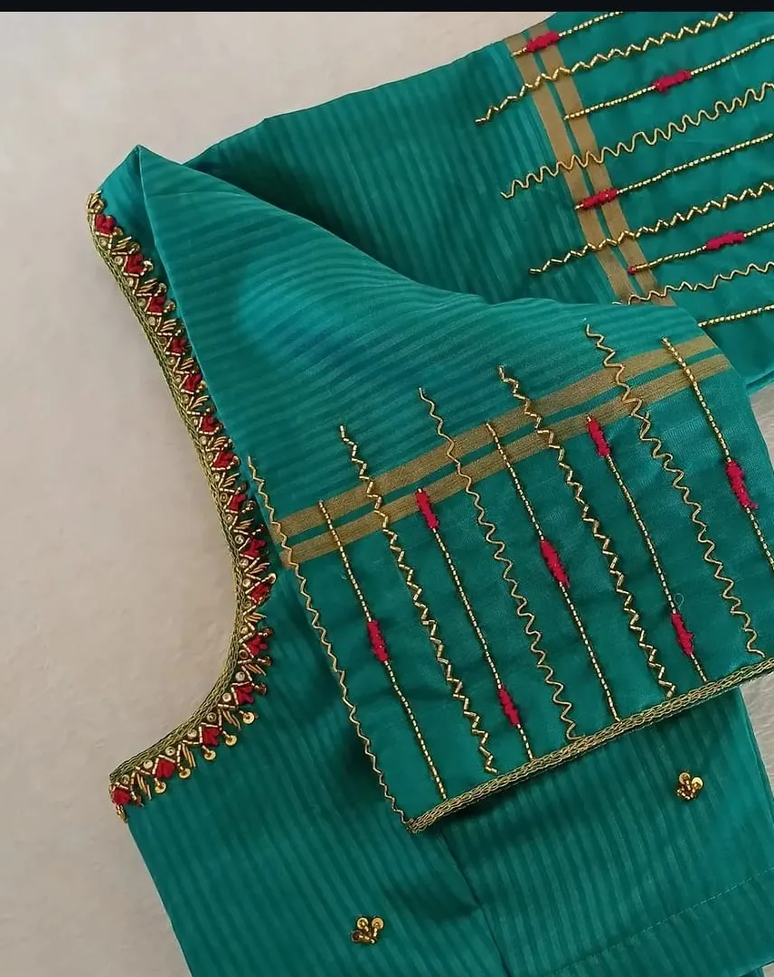 Teal Green Striped Silk Saree Blouse | Readymade Linear Hand Embroidered Elbow Sleeve Choli