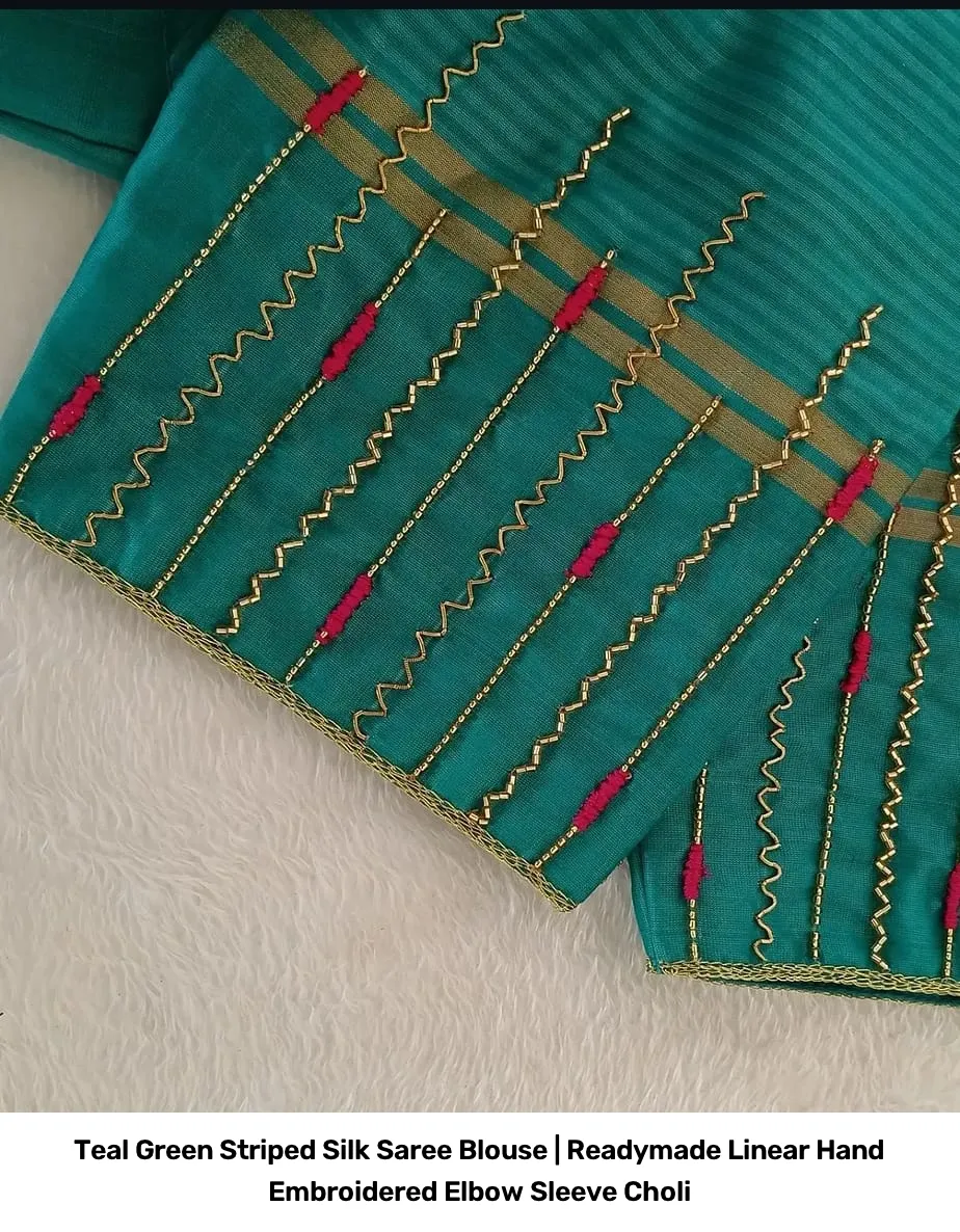 Teal Green Striped Silk Saree Blouse | Readymade Linear Hand Embroidered Elbow Sleeve Choli 2