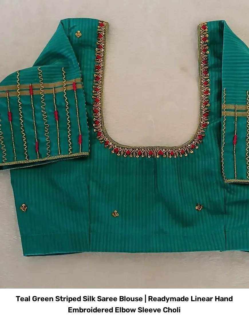 Teal Green Striped Silk Saree Blouse | Readymade Linear Hand Embroidered Elbow Sleeve Choli 3