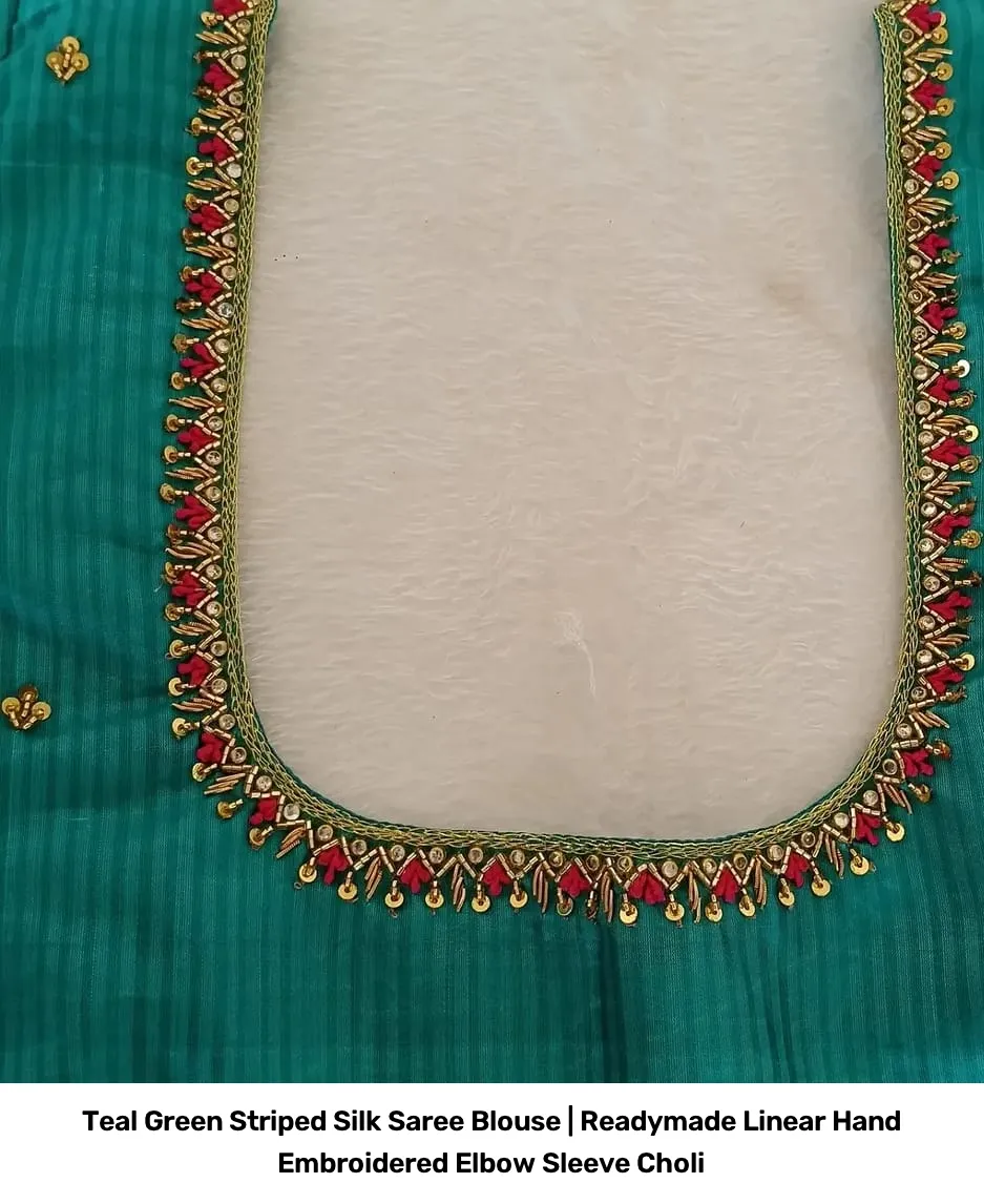 Teal Green Striped Silk Saree Blouse | Readymade Linear Hand Embroidered Elbow Sleeve Choli 4