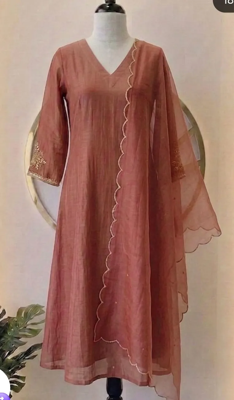 Terracotta Rust Chanderi Silk A-Line Kurta Set with Scallop Organza Dupatta & Embroidered Sleeves | Festive Ethnic Suit 1