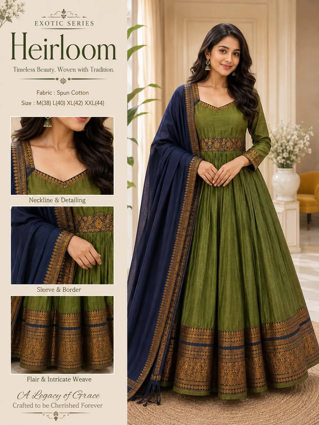 Traditional South Indian Style Flared Anarkali Long Frock with Zari Weave Belt & Border Dupatta