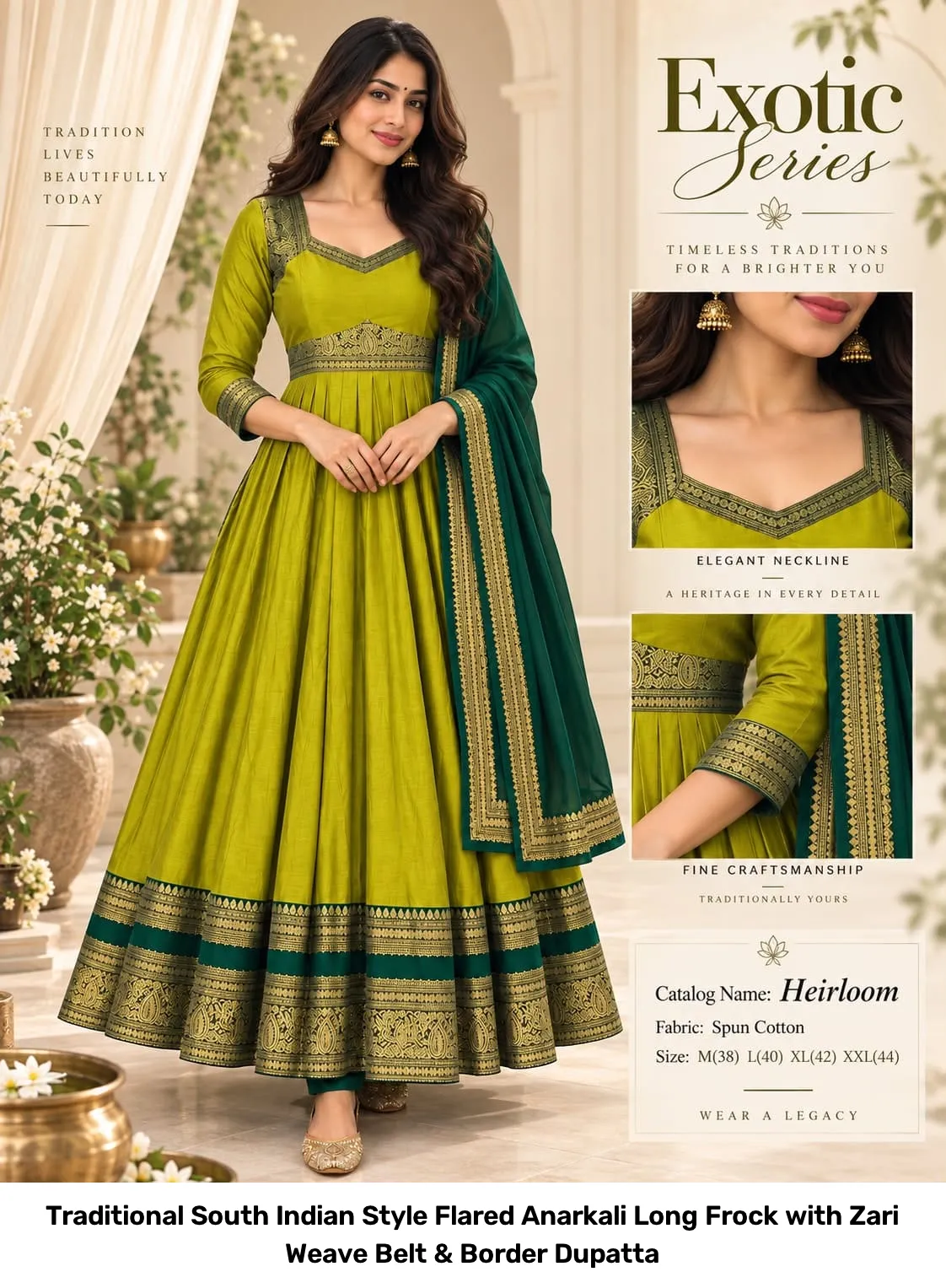 Traditional South Indian Style Flared Anarkali Long Frock with Zari Weave Belt & Border Dupatta 2