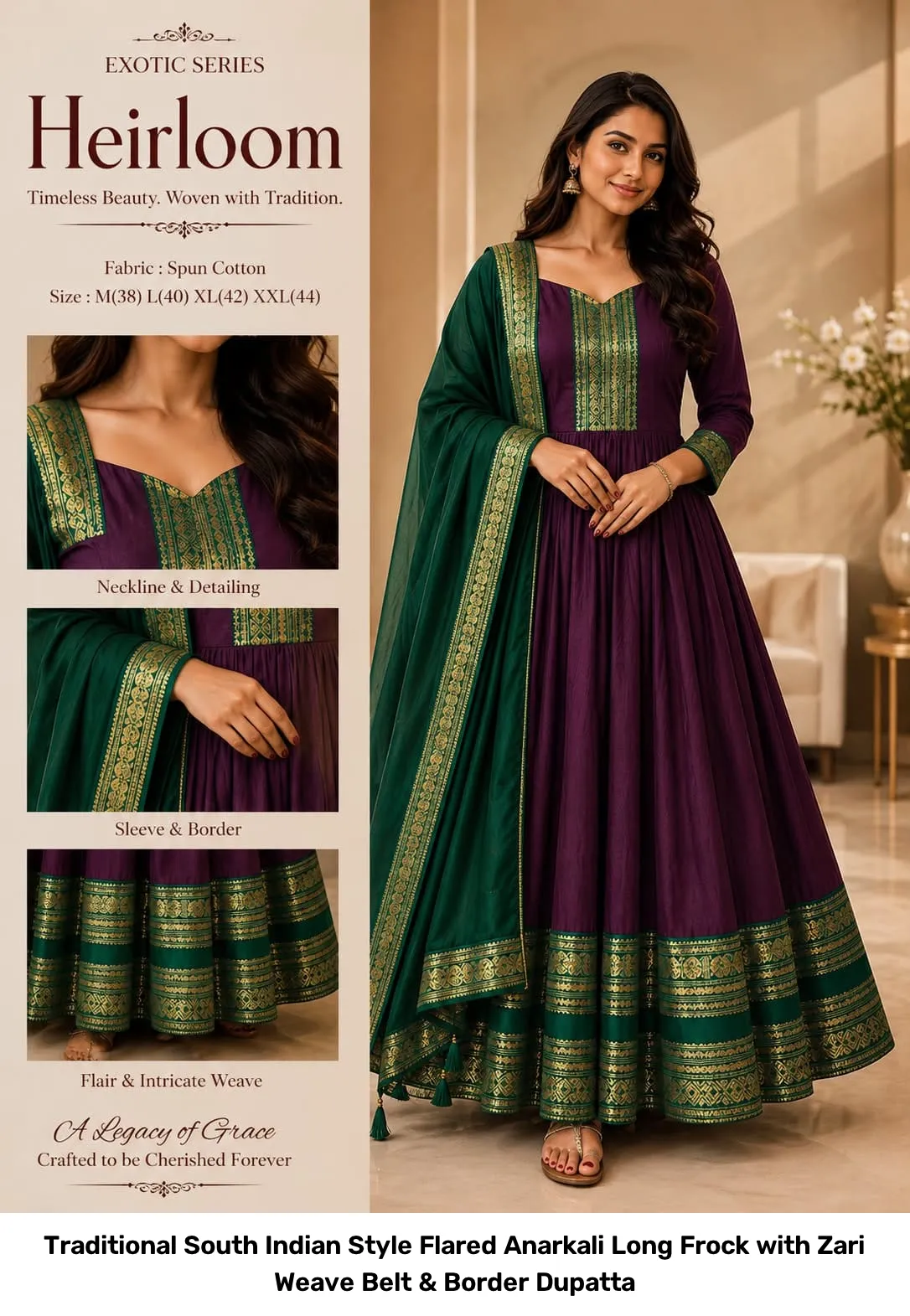 Traditional South Indian Style Flared Anarkali Long Frock with Zari Weave Belt & Border Dupatta 3