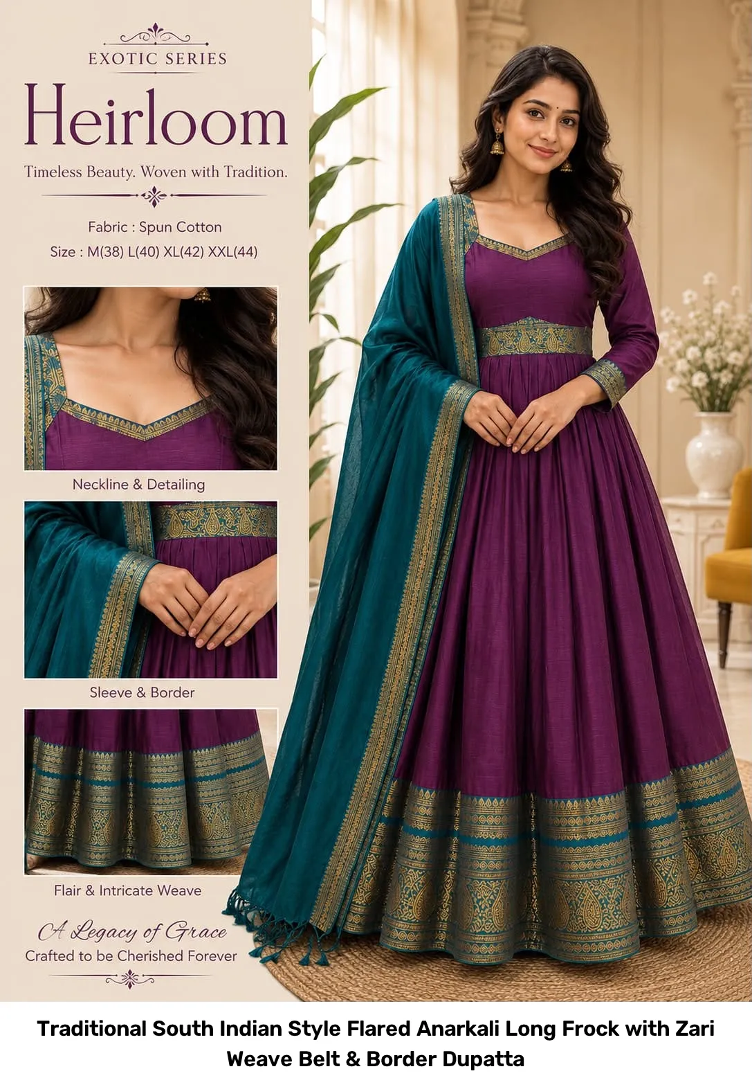 Traditional South Indian Style Flared Anarkali Long Frock with Zari Weave Belt & Border Dupatta 4