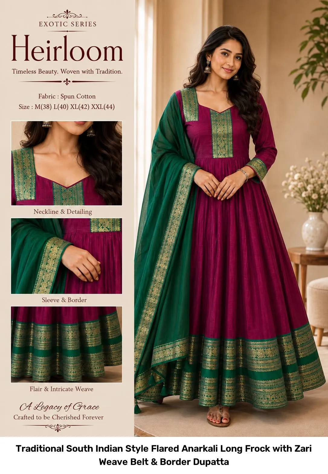 Traditional South Indian Style Flared Anarkali Long Frock with Zari Weave Belt & Border Dupatta 5