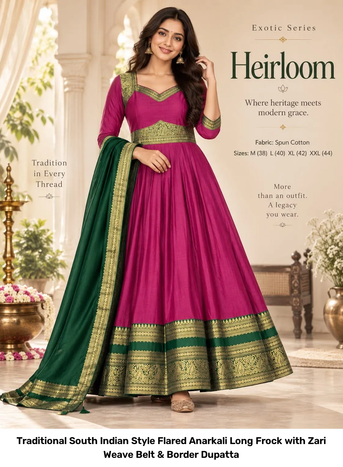 Traditional South Indian Style Flared Anarkali Long Frock with Zari Weave Belt & Border Dupatta 6