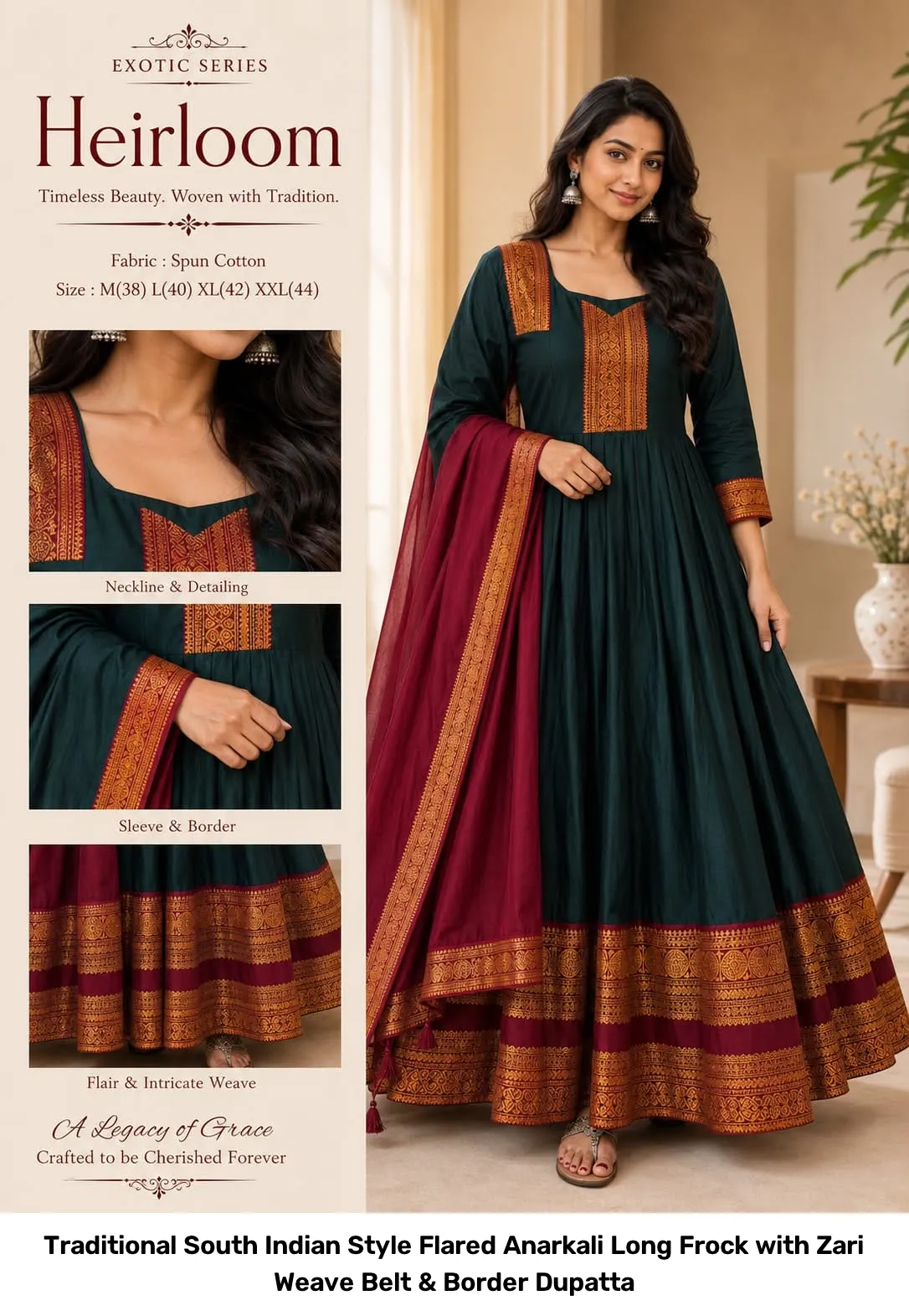 Traditional South Indian Style Flared Anarkali Long Frock with Zari Weave Belt & Border Dupatta 7