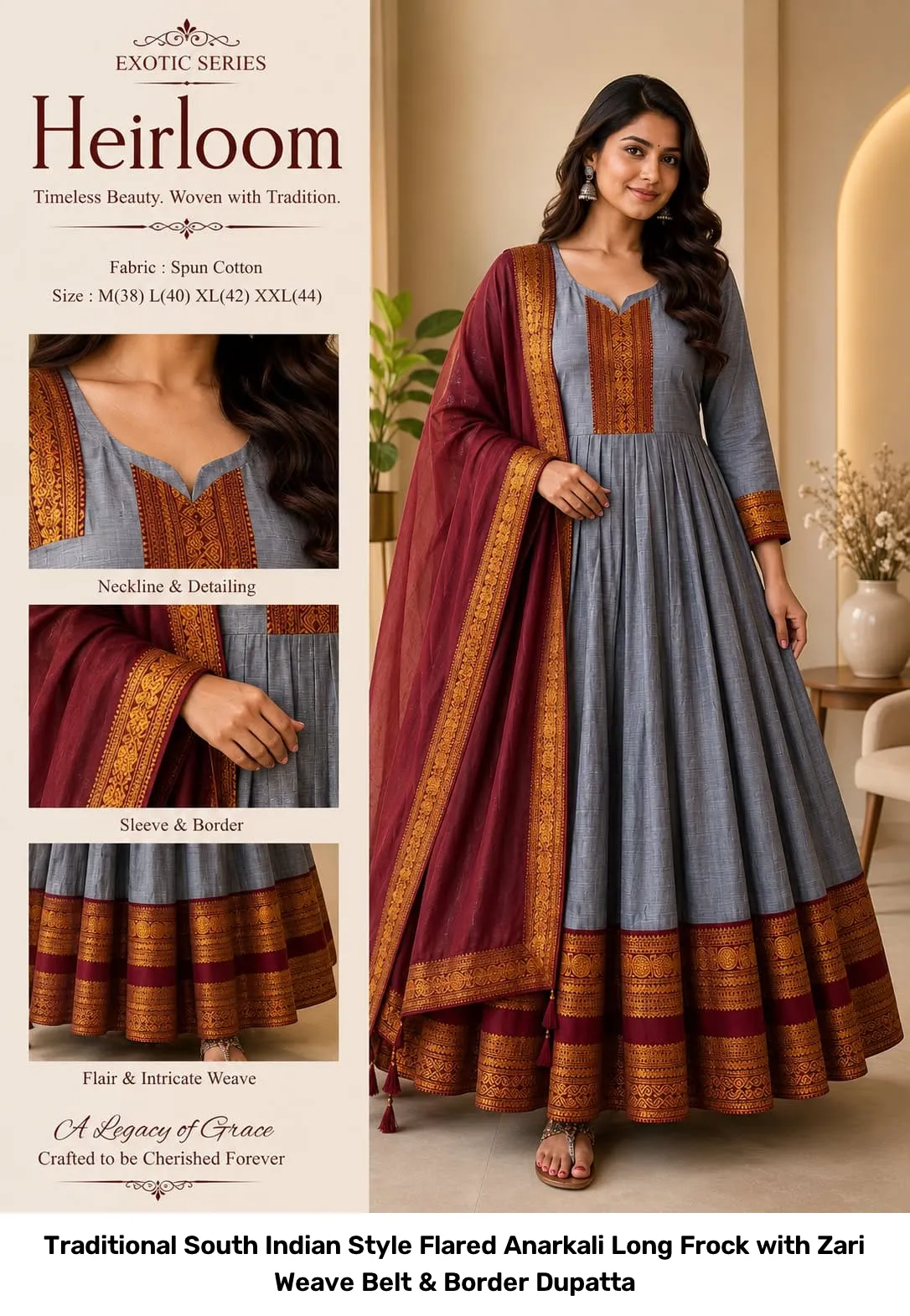 Traditional South Indian Style Flared Anarkali Long Frock with Zari Weave Belt & Border Dupatta 8
