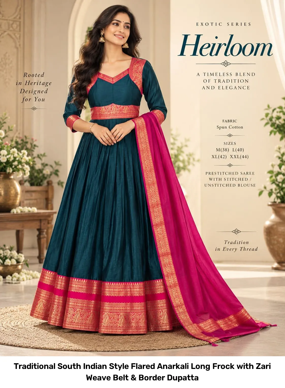 Traditional South Indian Style Flared Anarkali Long Frock with Zari Weave Belt & Border Dupatta 9
