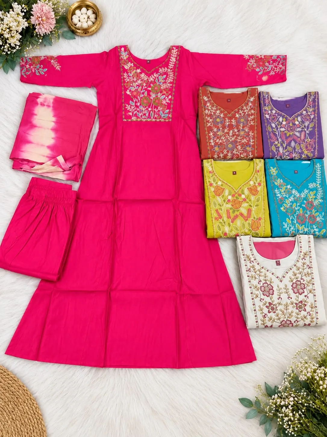 Tulsi Embroidered Roman Silk A-Line Kurti Pant Set with Tie-Dye Chanderi Dupatta (Set of 3)