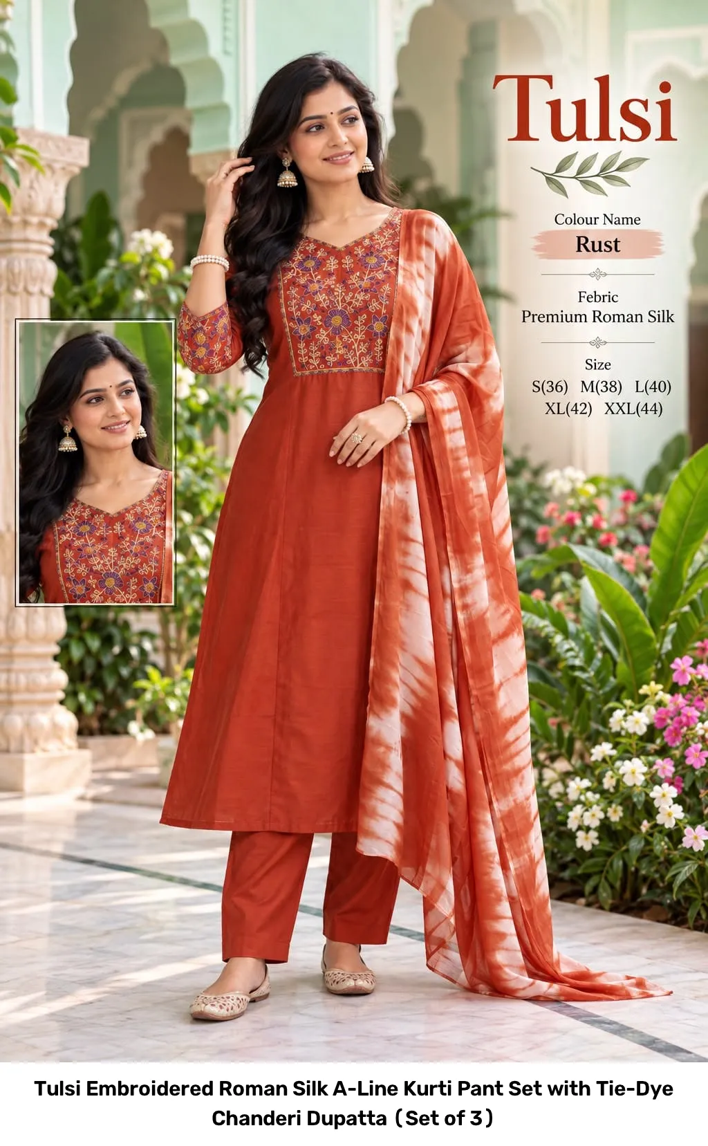 Tulsi Embroidered Roman Silk A-Line Kurti Pant Set with Tie-Dye Chanderi Dupatta (Set of 3) 2