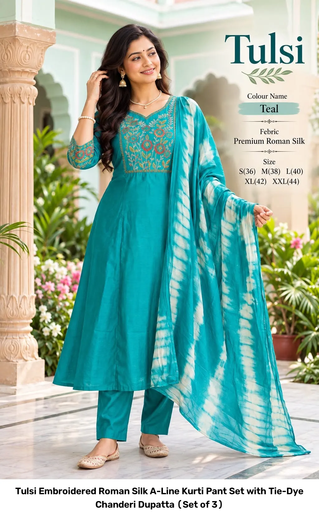 Tulsi Embroidered Roman Silk A-Line Kurti Pant Set with Tie-Dye Chanderi Dupatta (Set of 3) 3