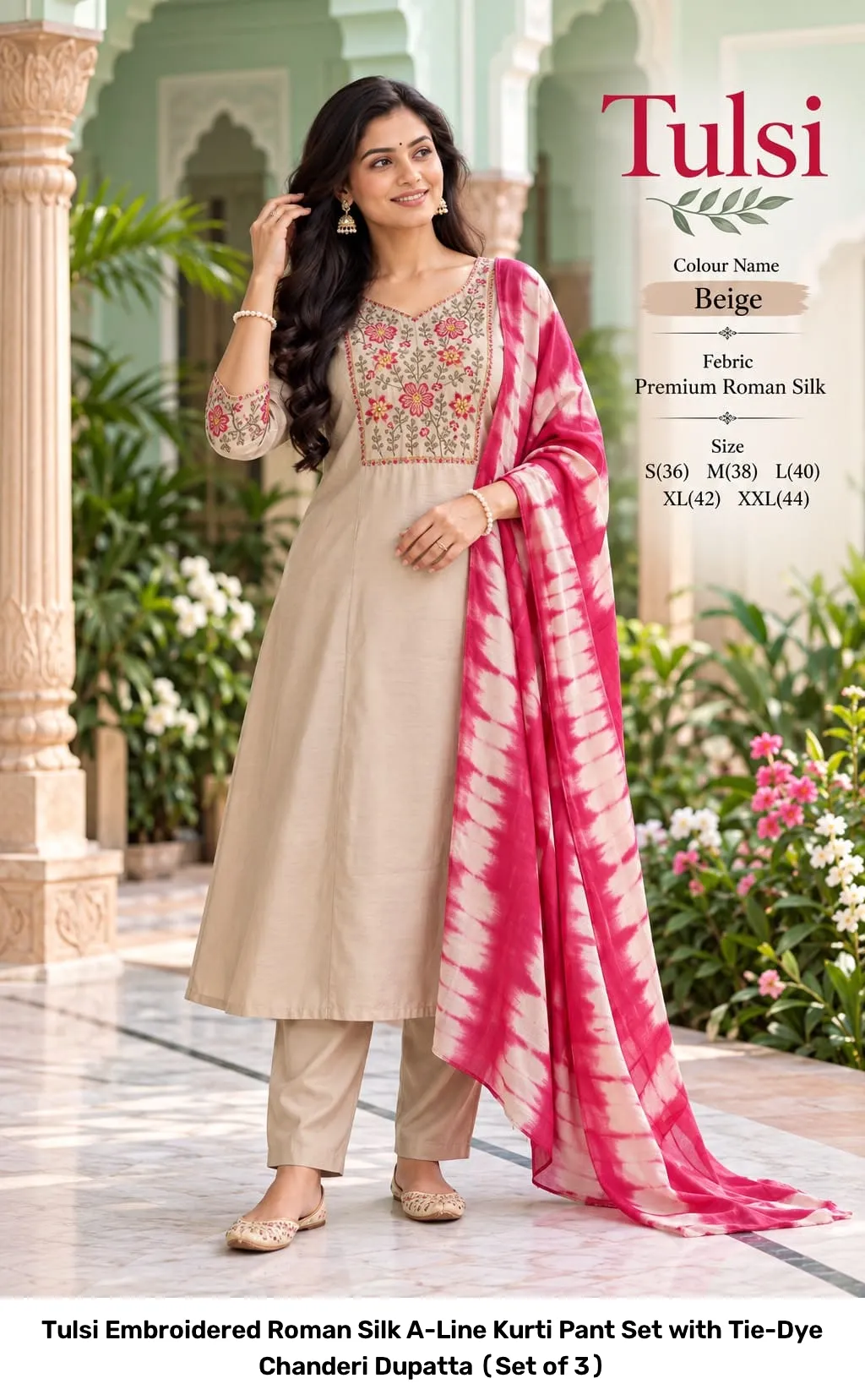 Tulsi Embroidered Roman Silk A-Line Kurti Pant Set with Tie-Dye Chanderi Dupatta (Set of 3) 4