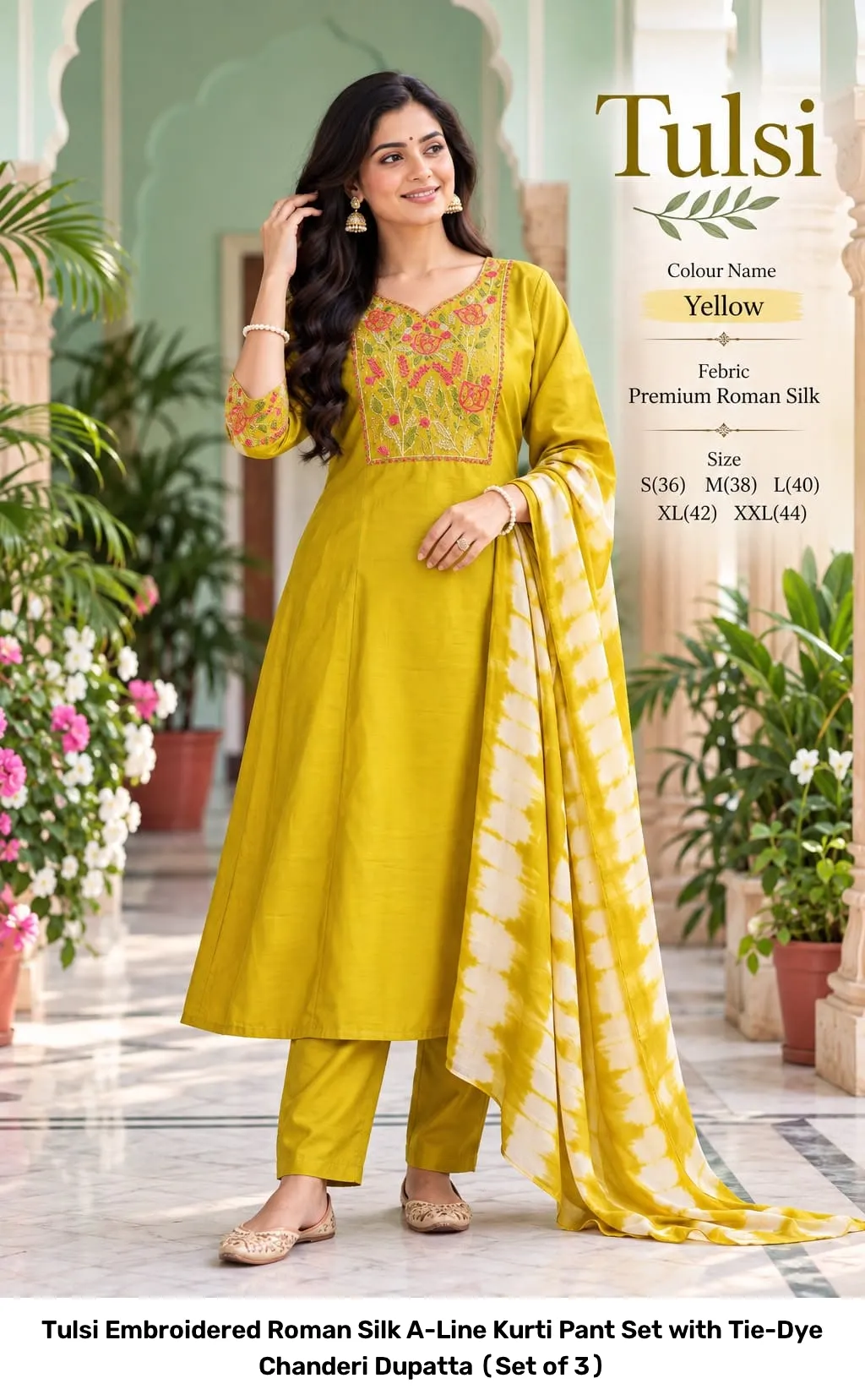 Tulsi Embroidered Roman Silk A-Line Kurti Pant Set with Tie-Dye Chanderi Dupatta (Set of 3) 5