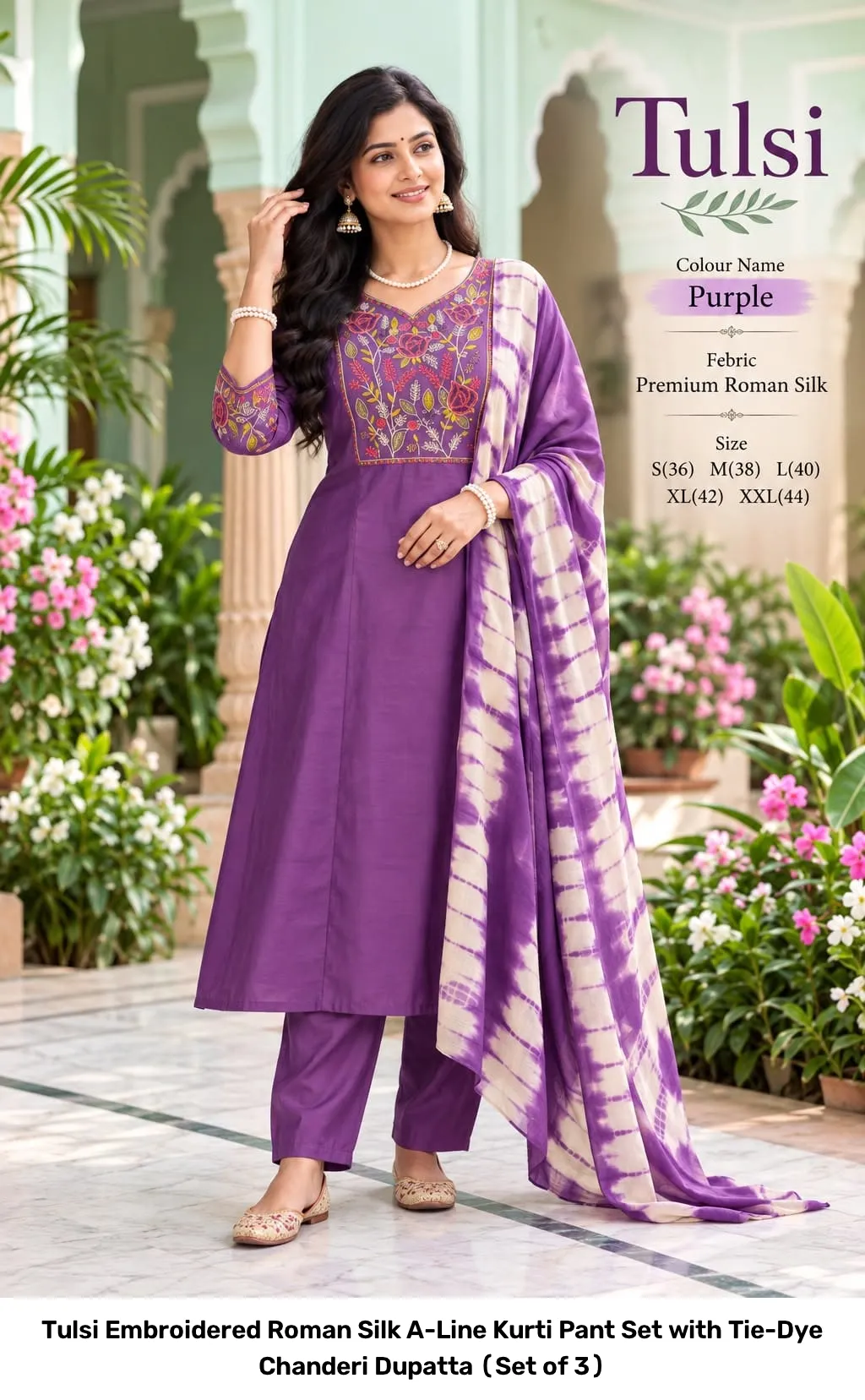 Tulsi Embroidered Roman Silk A-Line Kurti Pant Set with Tie-Dye Chanderi Dupatta (Set of 3) 6