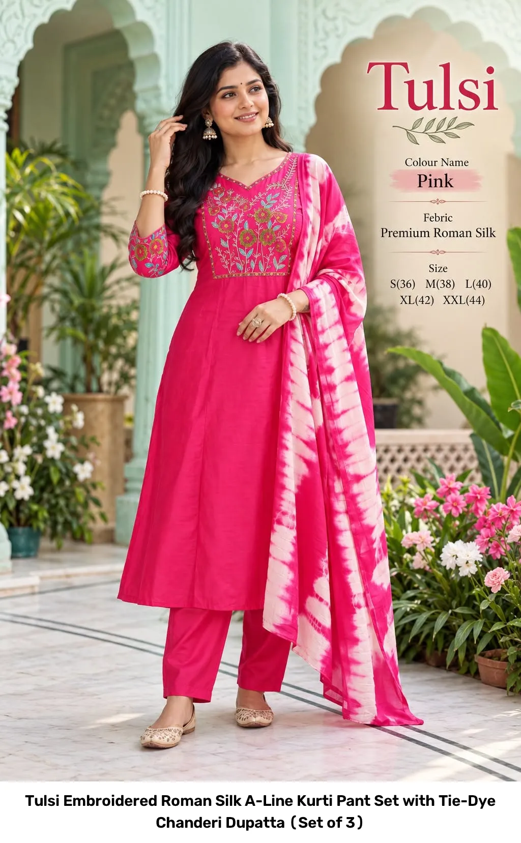 Tulsi Embroidered Roman Silk A-Line Kurti Pant Set with Tie-Dye Chanderi Dupatta (Set of 3) 7