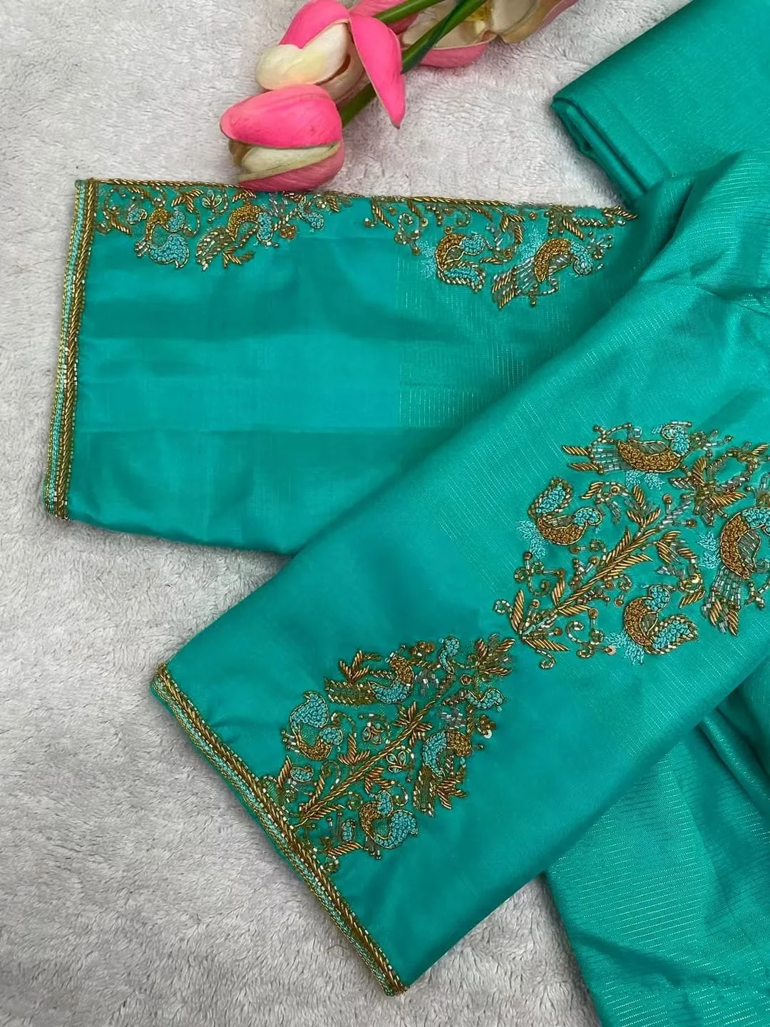 Turquoise Blue Designer Maggam Work Blouse | Peacock Motif & Keyhole Cutout Saree Blouse 1