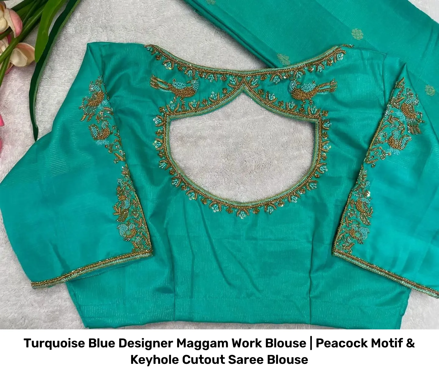 Turquoise Blue Designer Maggam Work Blouse | Peacock Motif & Keyhole Cutout Saree Blouse 2
