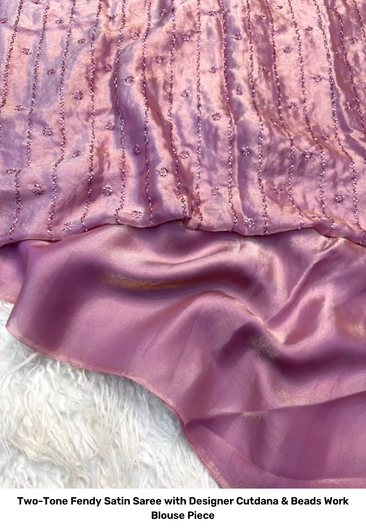 Two-Tone Fendy Satin Saree with Designer Cutdana & Beads Work Blouse Piece 10