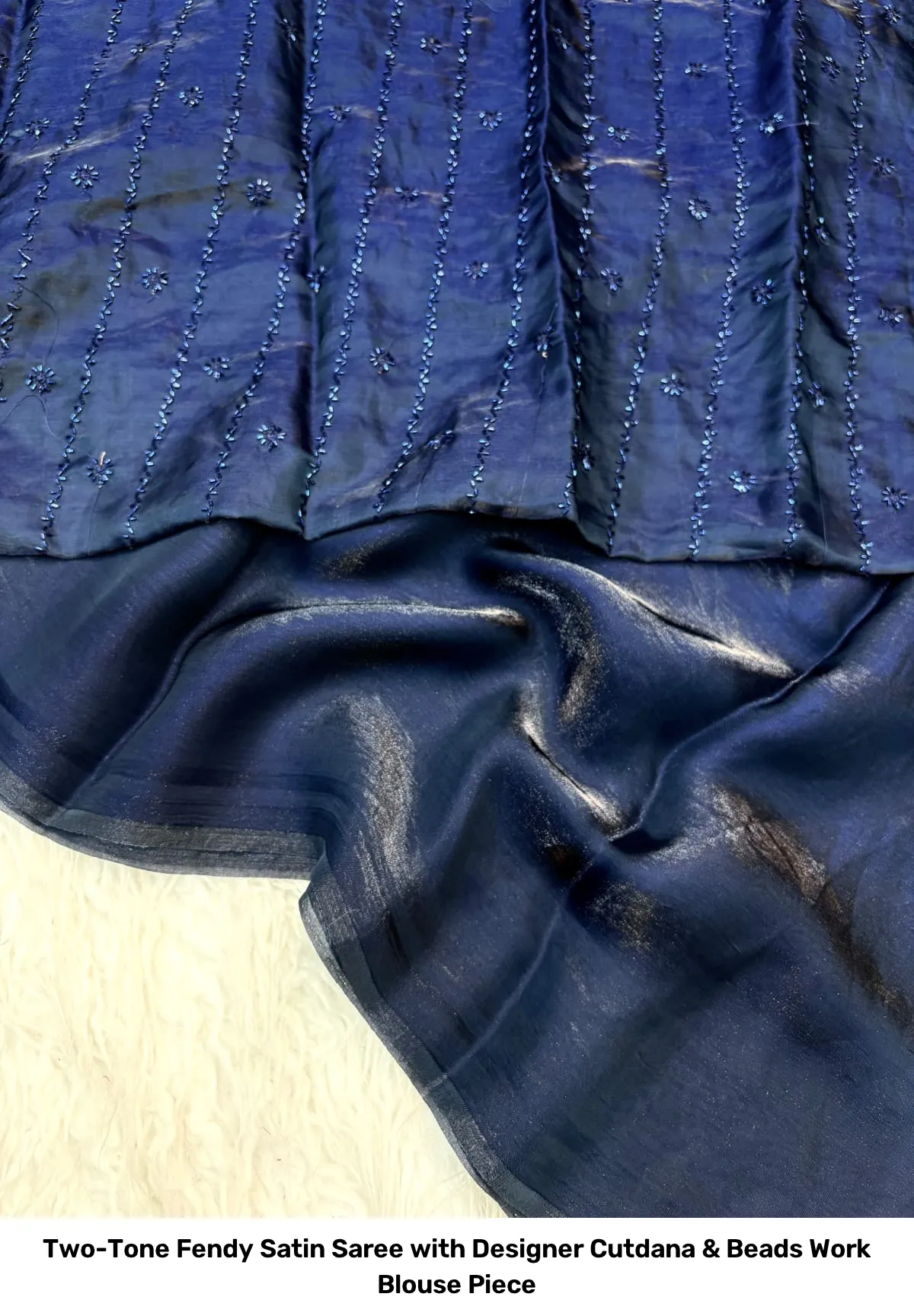 Two-Tone Fendy Satin Saree with Designer Cutdana & Beads Work Blouse Piece 11
