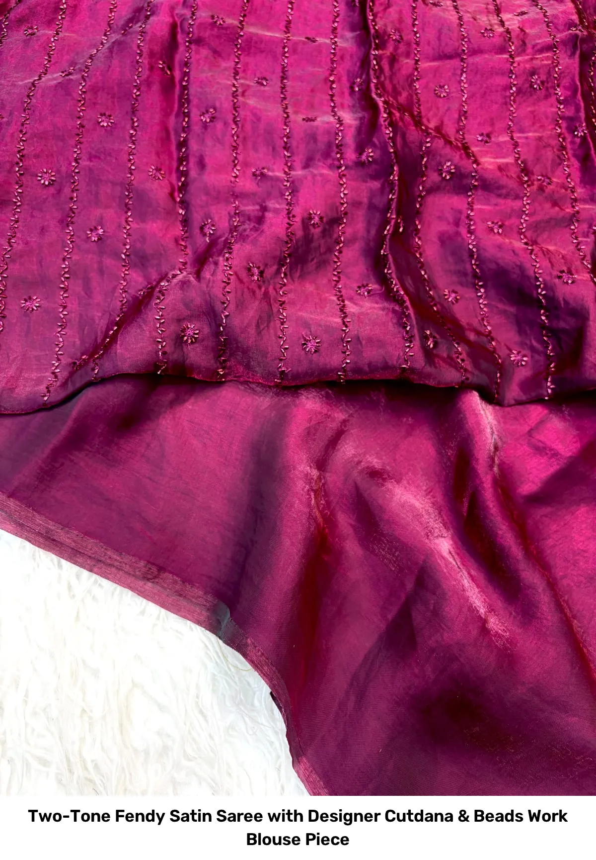 Two-Tone Fendy Satin Saree with Designer Cutdana & Beads Work Blouse Piece 13