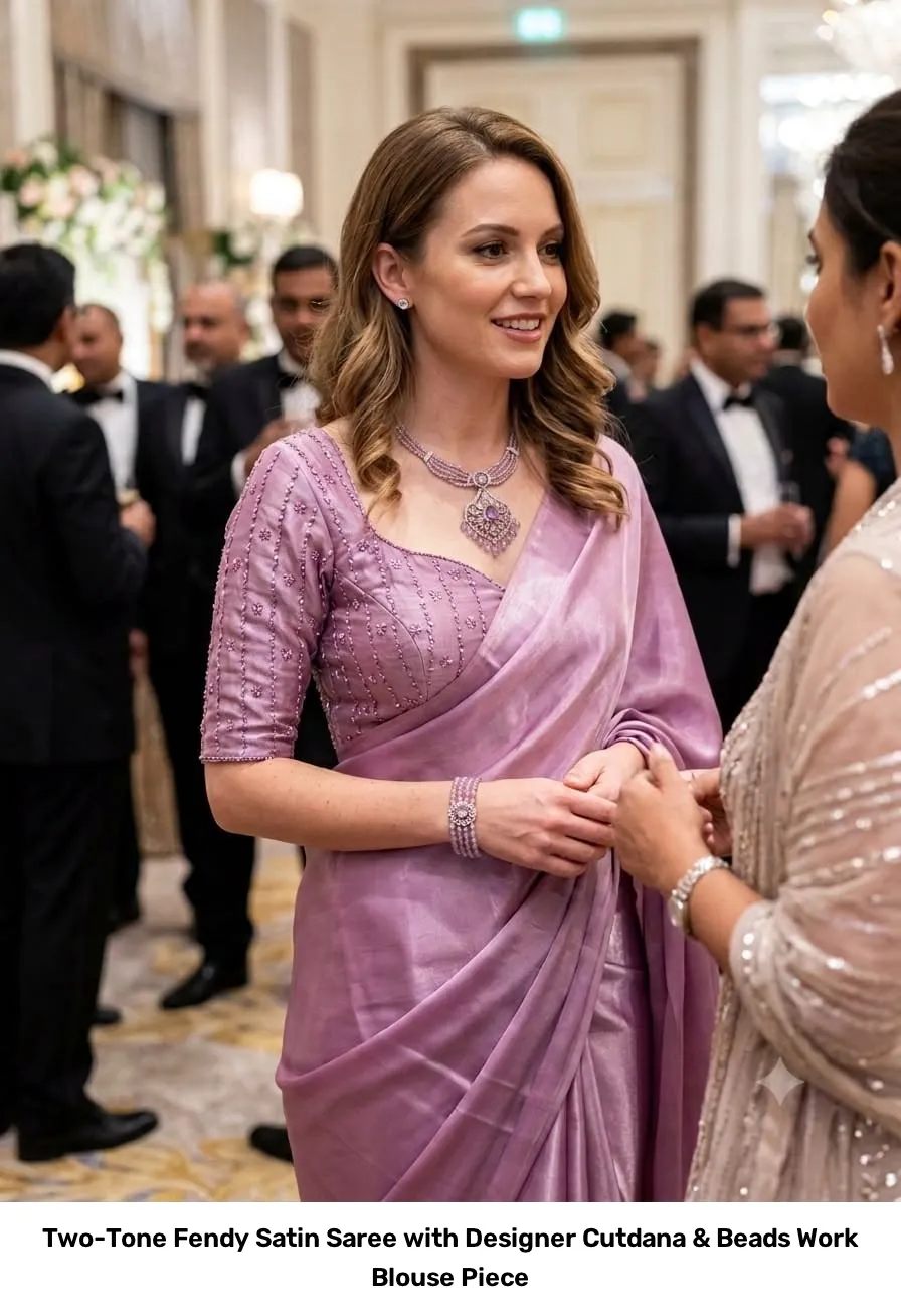Two-Tone Fendy Satin Saree with Designer Cutdana & Beads Work Blouse Piece 15
