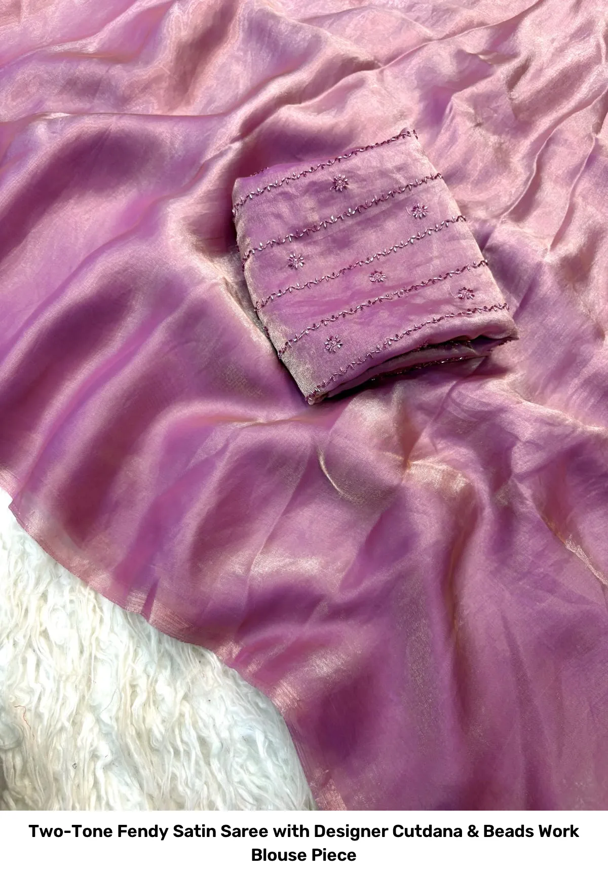 Two-Tone Fendy Satin Saree with Designer Cutdana & Beads Work Blouse Piece 17