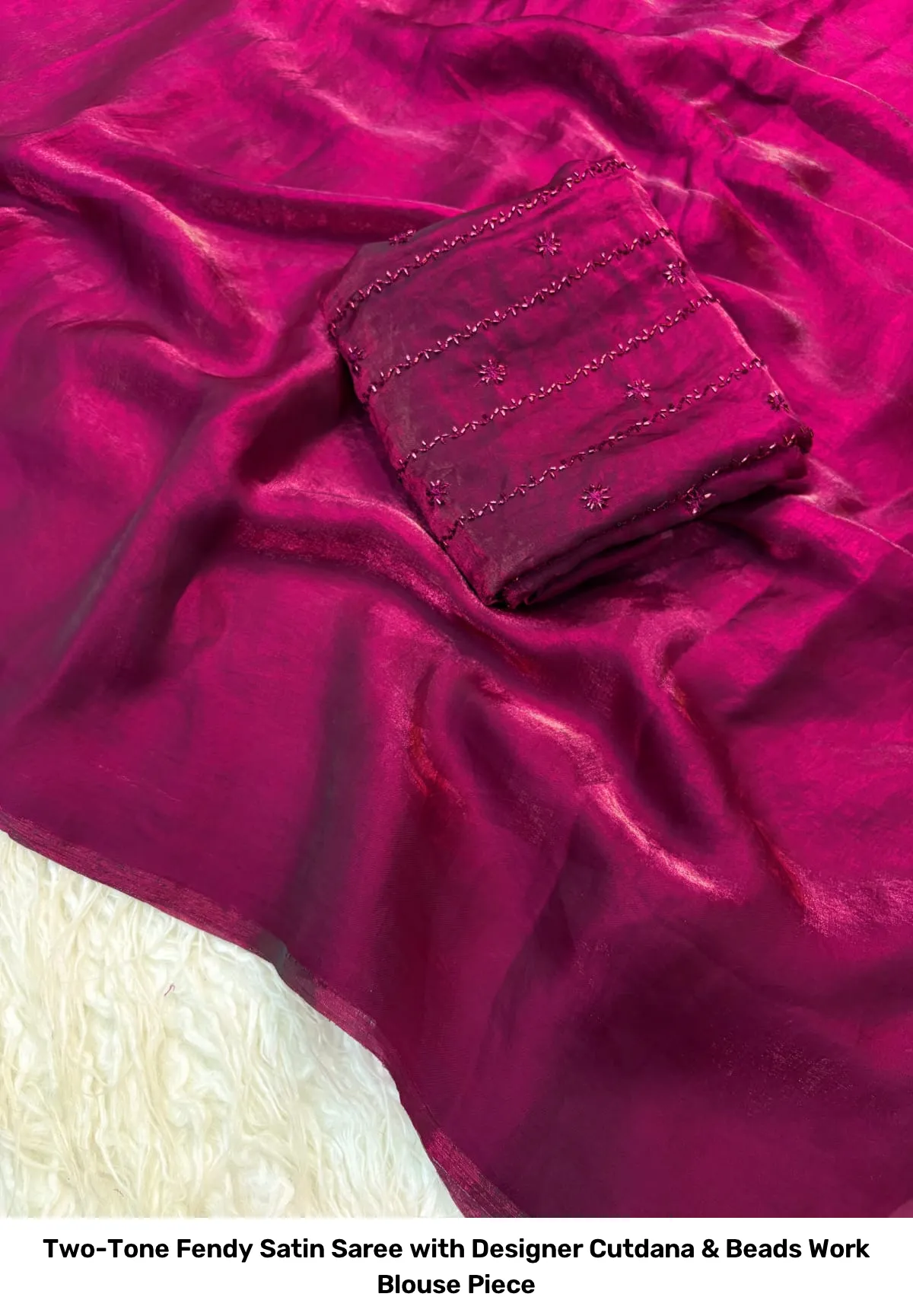 Two-Tone Fendy Satin Saree with Designer Cutdana & Beads Work Blouse Piece 3