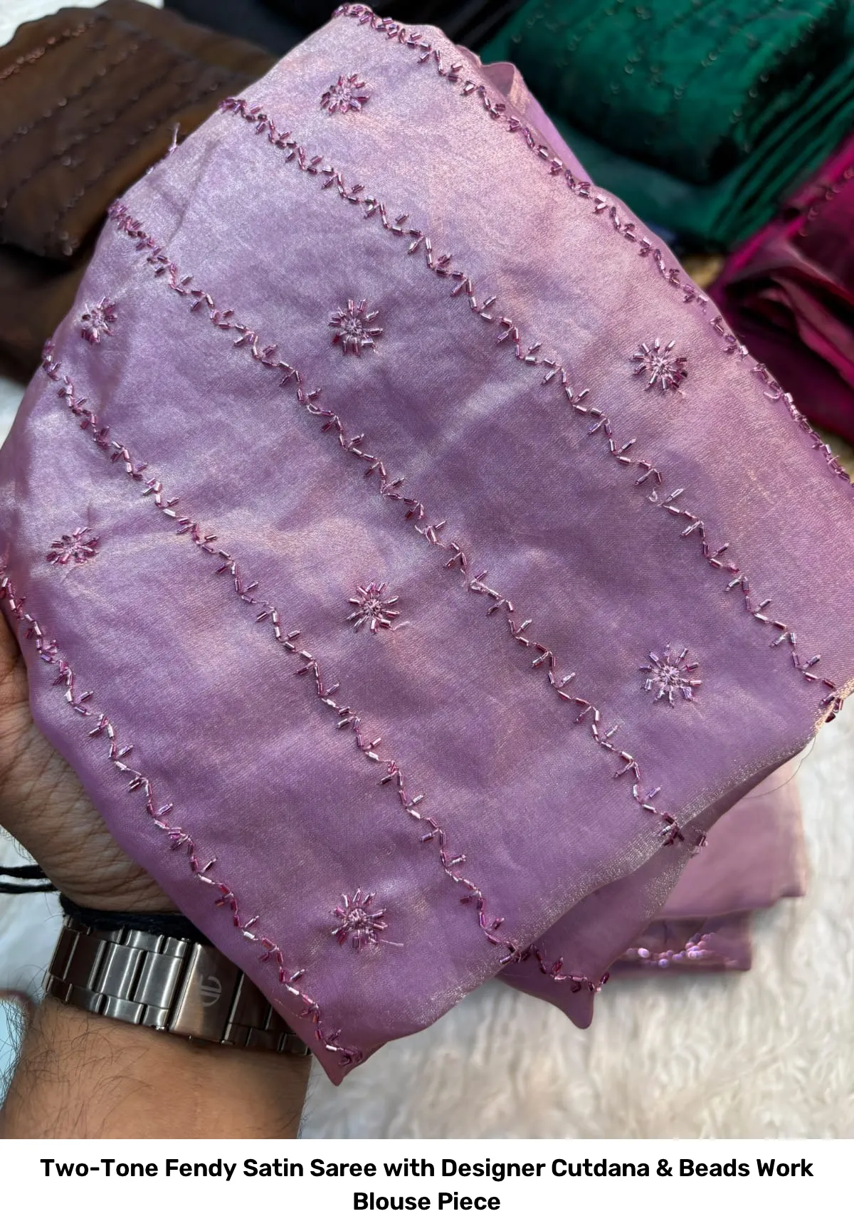 Two-Tone Fendy Satin Saree with Designer Cutdana & Beads Work Blouse Piece 4