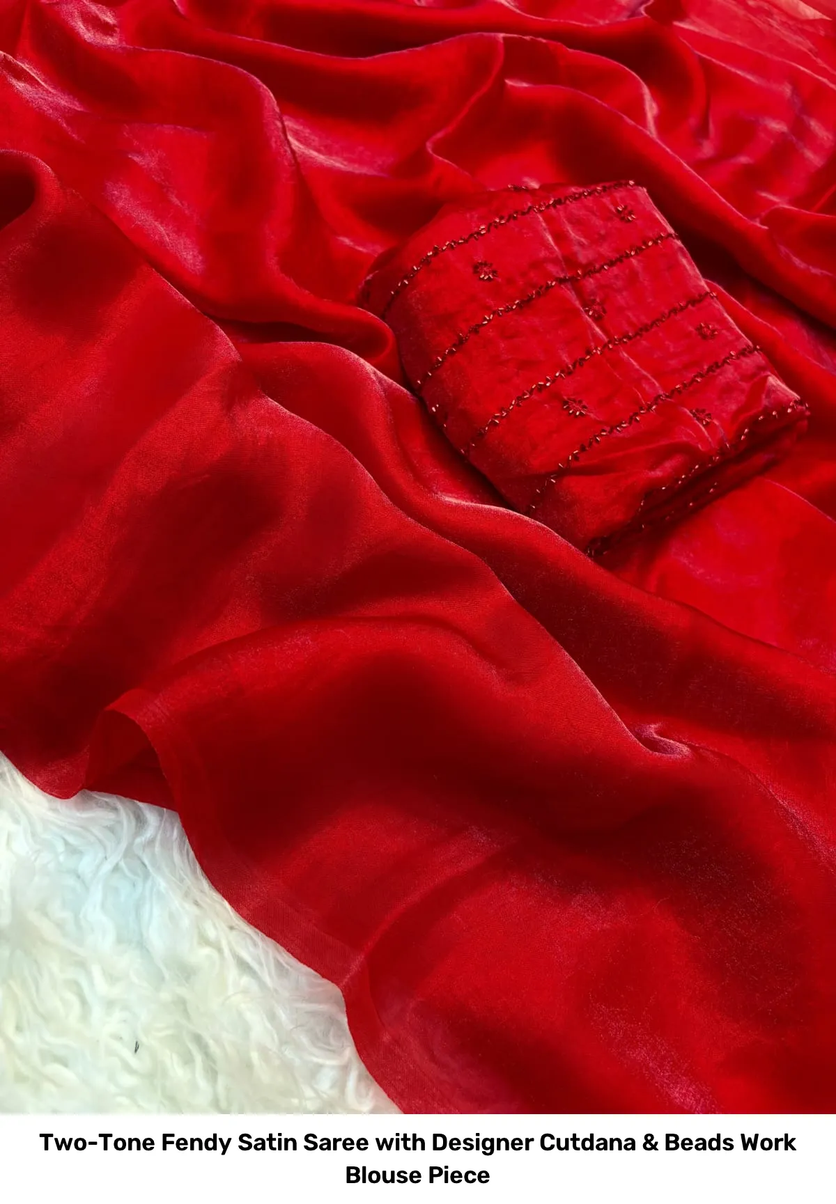Two-Tone Fendy Satin Saree with Designer Cutdana & Beads Work Blouse Piece 6