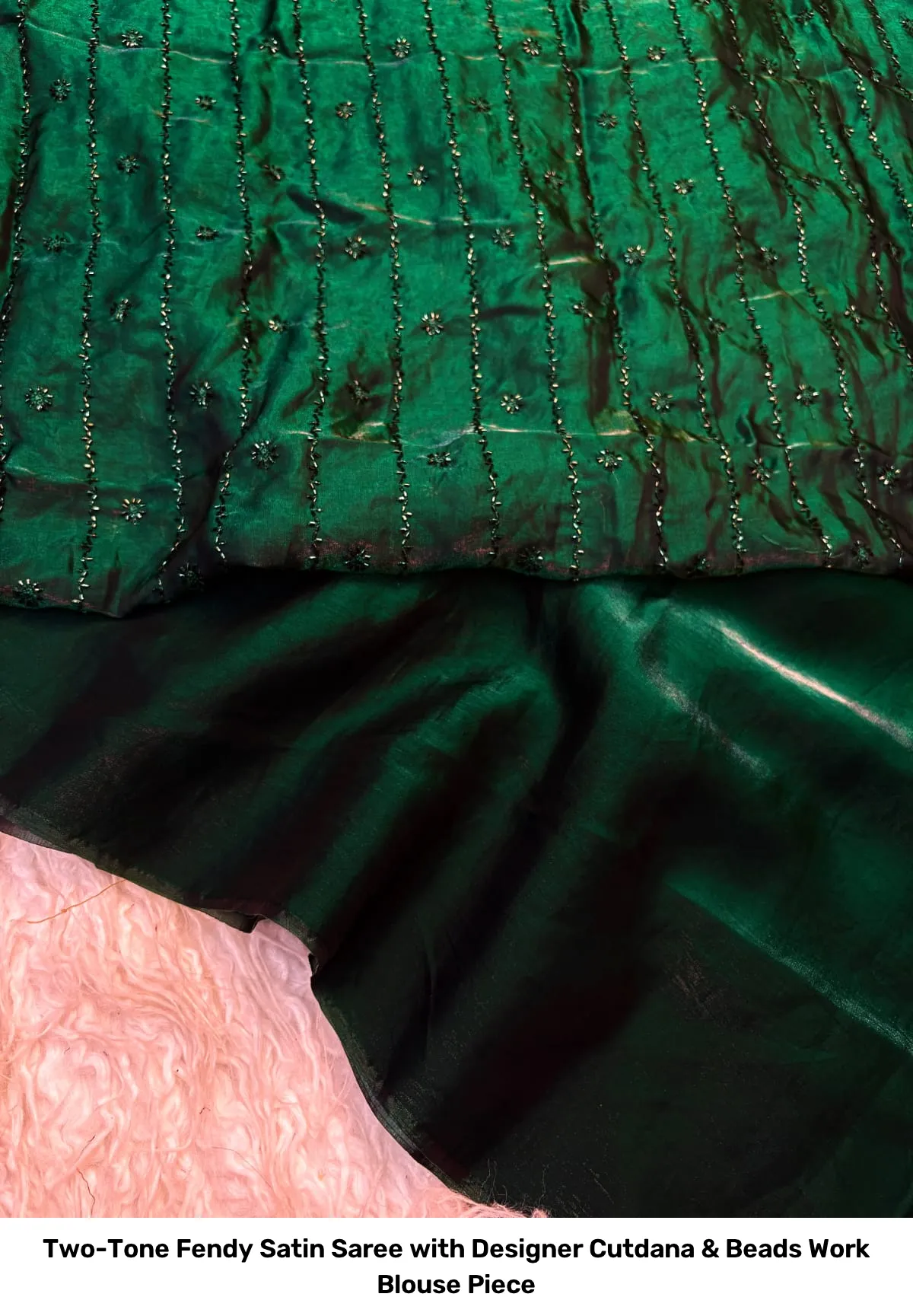 Two-Tone Fendy Satin Saree with Designer Cutdana & Beads Work Blouse Piece 8