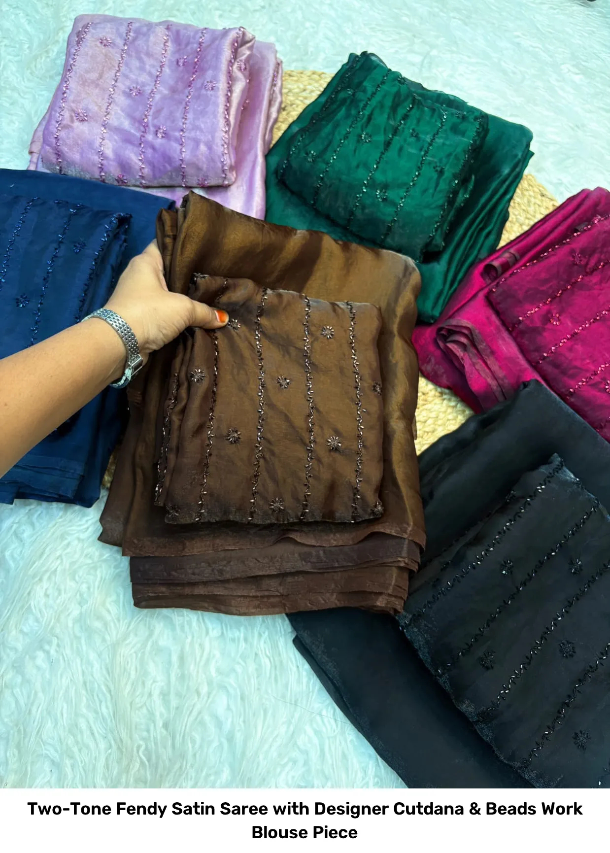 Two-Tone Fendy Satin Saree with Designer Cutdana & Beads Work Blouse Piece 9