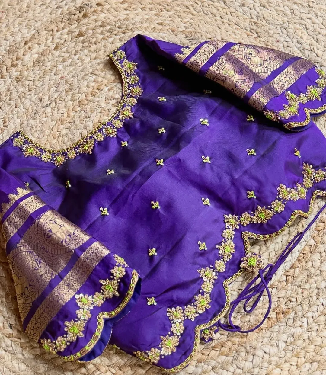 Violet Silk Saree Blouse with Gold Peacock Border – Scallop Cut Waist Aari Embroidery Choli, Bridal Pattu Saree Blouse