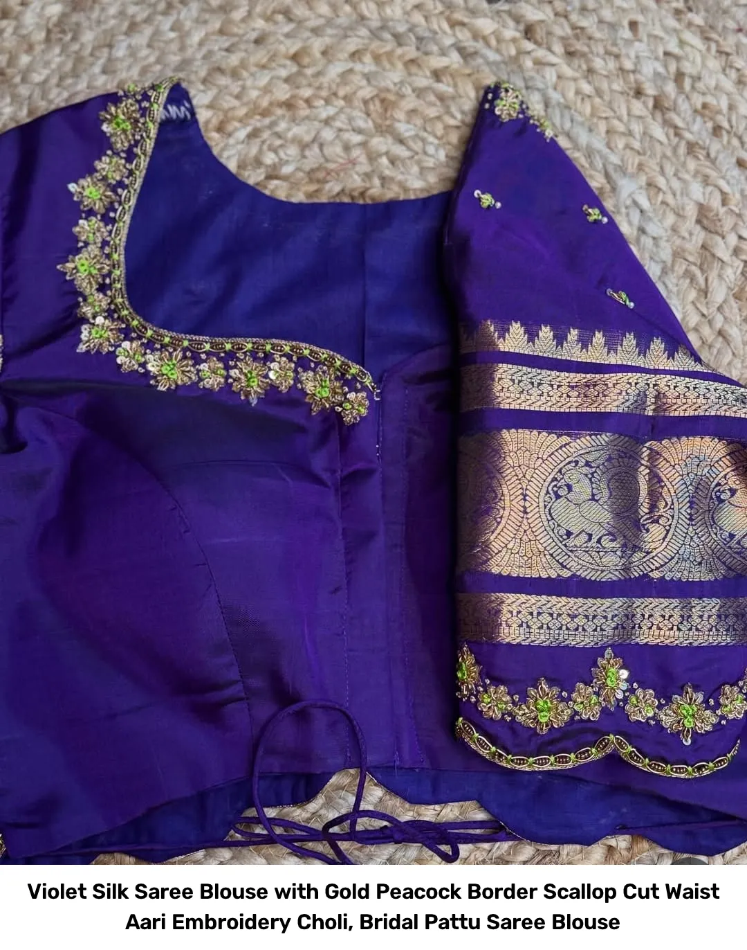 Violet Silk Saree Blouse with Gold Peacock Border – Scallop Cut Waist Aari Embroidery Choli, Bridal Pattu Saree Blouse 2