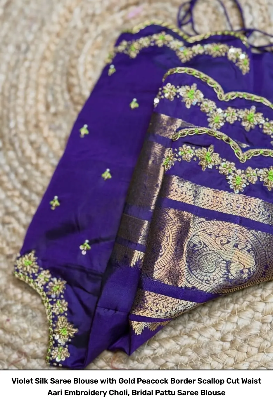 Violet Silk Saree Blouse with Gold Peacock Border – Scallop Cut Waist Aari Embroidery Choli, Bridal Pattu Saree Blouse 3