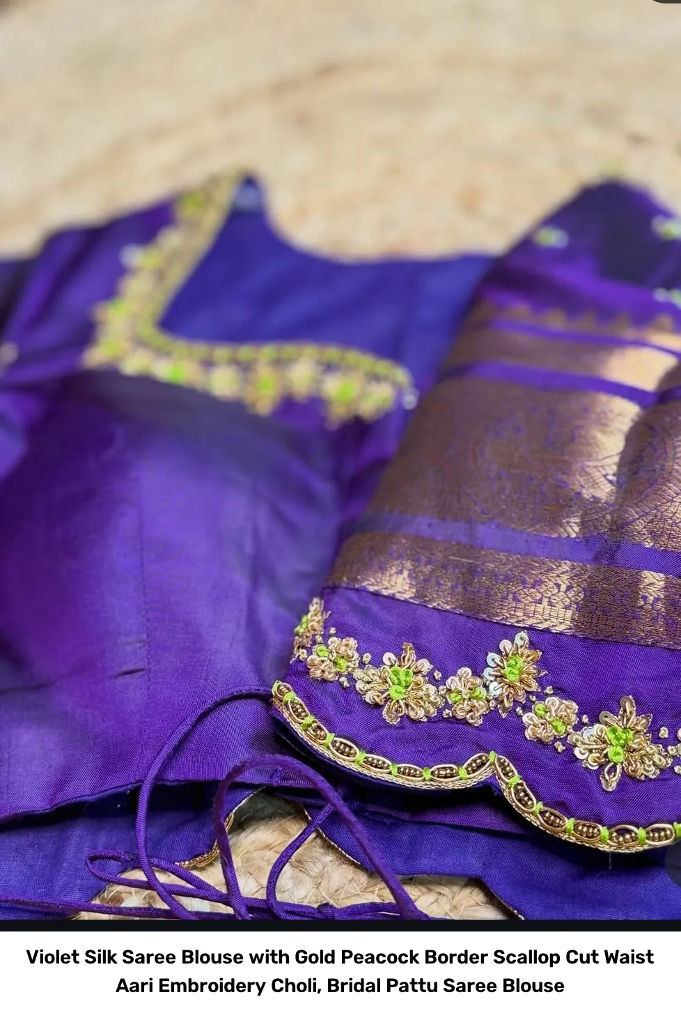 Violet Silk Saree Blouse with Gold Peacock Border – Scallop Cut Waist Aari Embroidery Choli, Bridal Pattu Saree Blouse 4