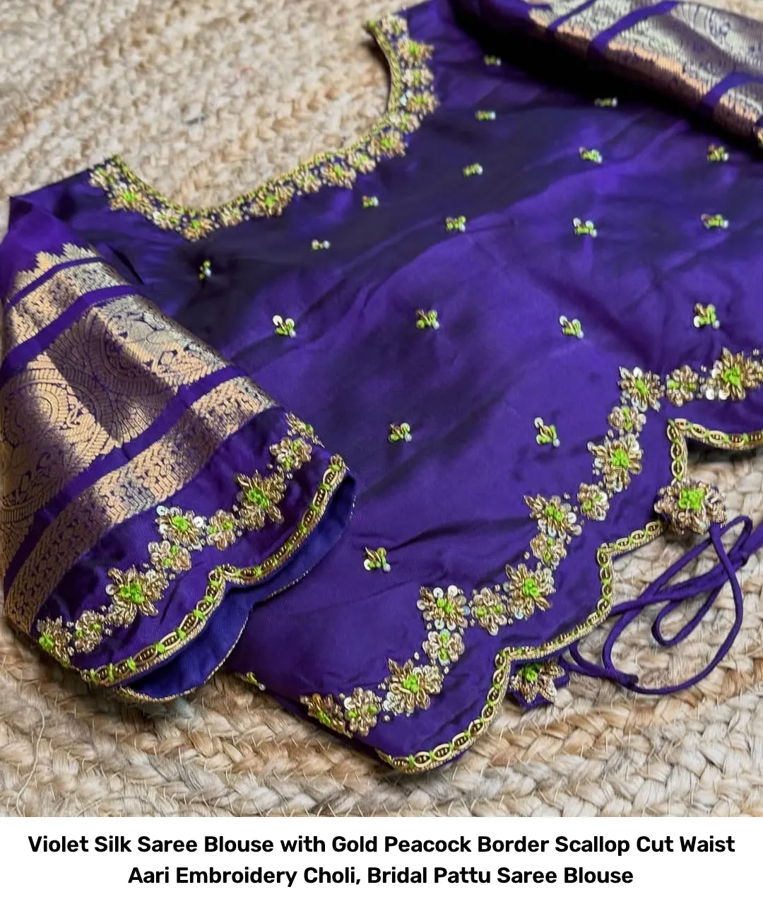 Violet Silk Saree Blouse with Gold Peacock Border – Scallop Cut Waist Aari Embroidery Choli, Bridal Pattu Saree Blouse 5