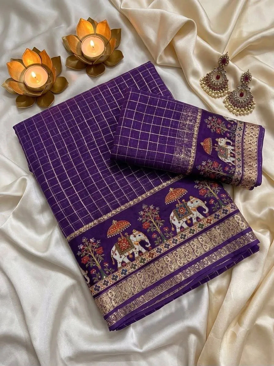 Viscose Georgette Zari Checks Saree with 3D Elephant Digital Print Border | Royal Heritage Motif Saree with Running Blouse