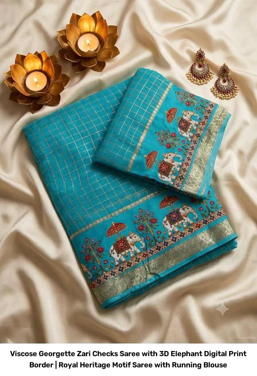 Viscose Georgette Zari Checks Saree with 3D Elephant Digital Print Border | Royal Heritage Motif Saree with Running Blouse 10
