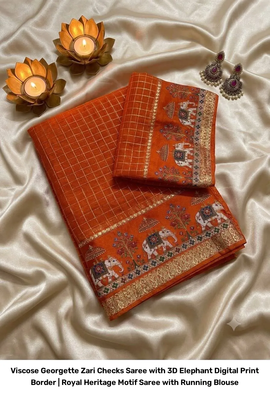 Viscose Georgette Zari Checks Saree with 3D Elephant Digital Print Border | Royal Heritage Motif Saree with Running Blouse 2