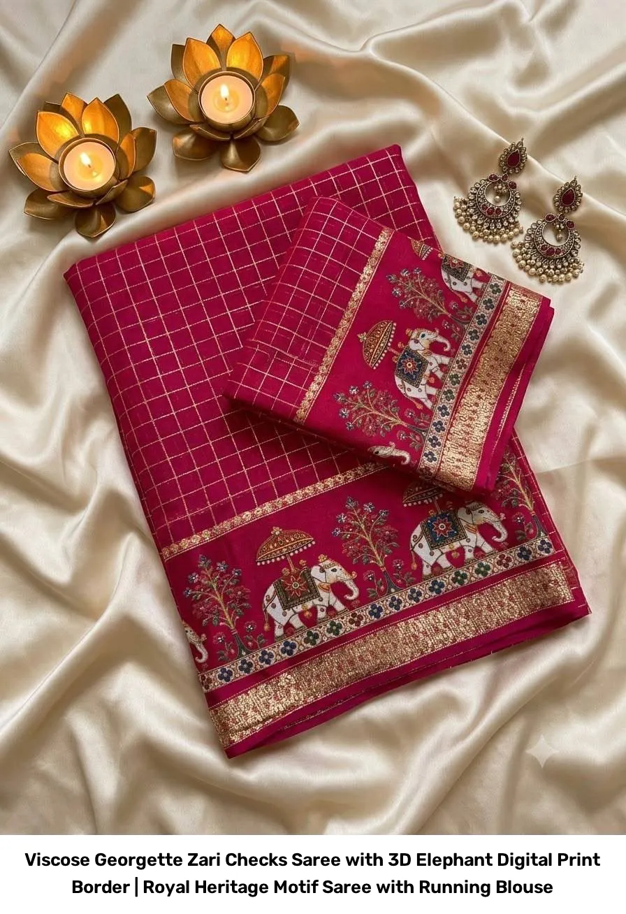 Viscose Georgette Zari Checks Saree with 3D Elephant Digital Print Border | Royal Heritage Motif Saree with Running Blouse 4