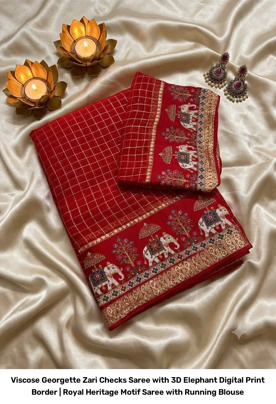 Viscose Georgette Zari Checks Saree with 3D Elephant Digital Print Border | Royal Heritage Motif Saree with Running Blouse 5