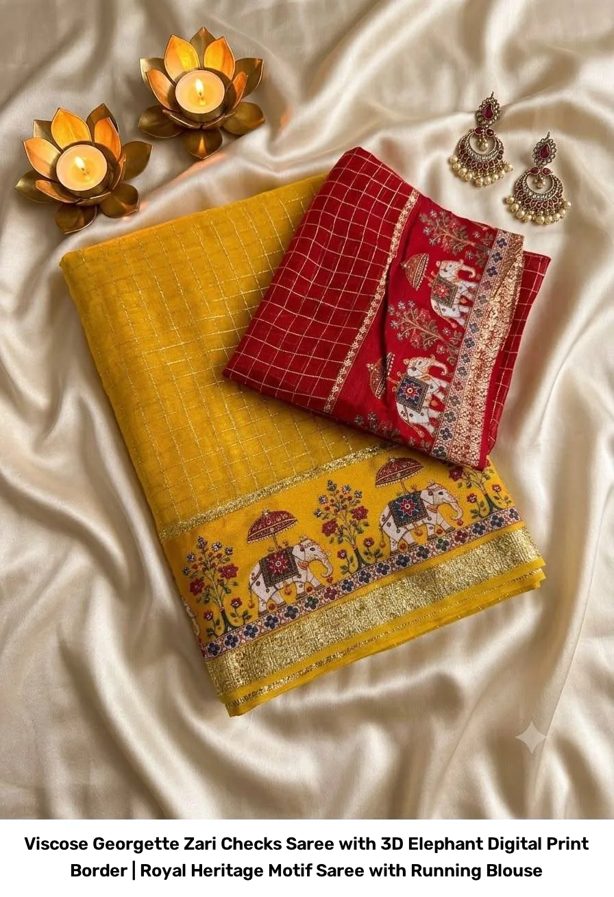 Viscose Georgette Zari Checks Saree with 3D Elephant Digital Print Border | Royal Heritage Motif Saree with Running Blouse 6