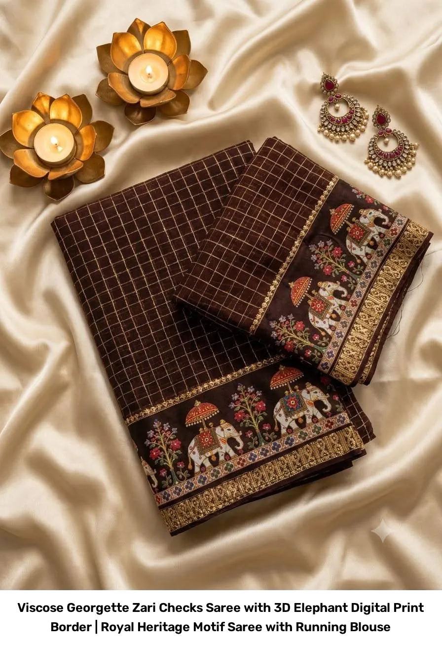Viscose Georgette Zari Checks Saree with 3D Elephant Digital Print Border | Royal Heritage Motif Saree with Running Blouse 9