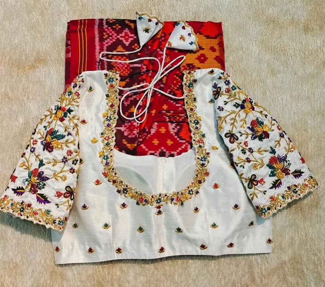 White Designer Maggam Work Blouse | Heavy Multi-Color Silk Blouse OnlineWhite Designer Maggam Work Blouse | Heavy Multi-Color Silk Blouse Online