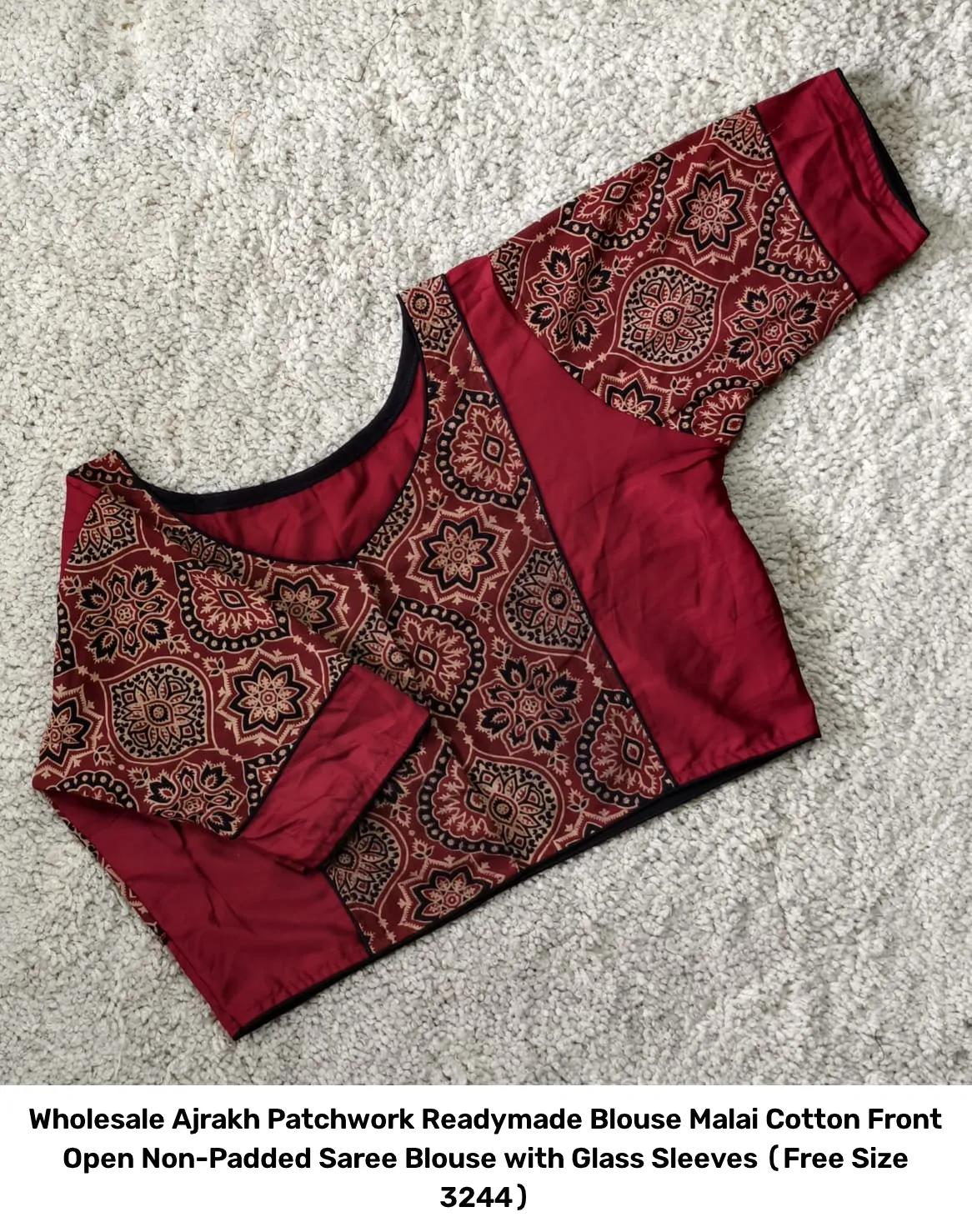 Wholesale Ajrakh Patchwork Readymade Blouse – Malai Cotton Front Open Non-Padded Saree Blouse with Glass Sleeves (Free Size 32–44) 2